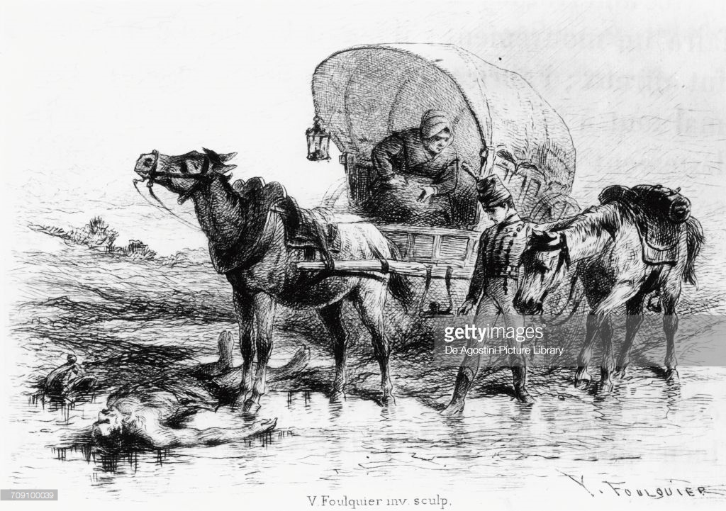 Fabrizio del Dongo after Battle of Waterloo, etching by Jean-Antoine-Valentin Foulquier (1822-1896) from Charterhouse of Parma (La Chartreuse de Parme), by Stendhal (1783-1842), French edition, 19th century